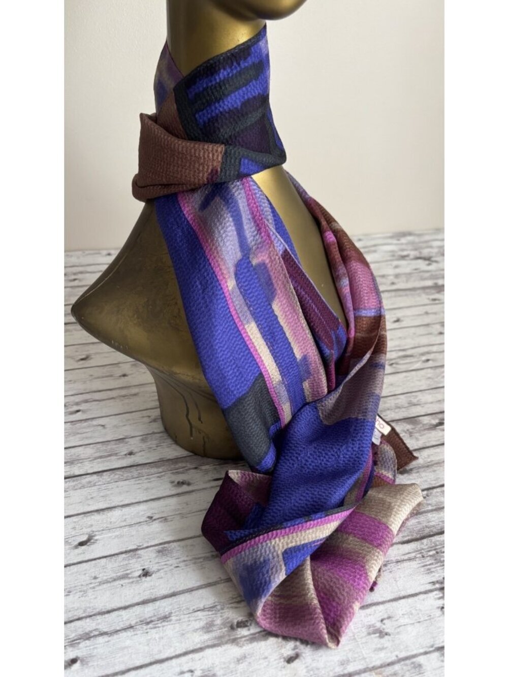 ECHO Purple Pink Brown Geometric Sheer 100% Silk Oblong Scarf 58"